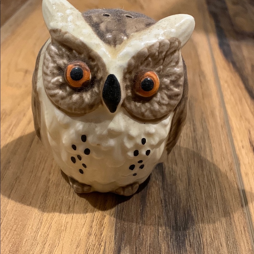 Vintage painted owl ceramic pepper or salt shaker made in Japan 3”